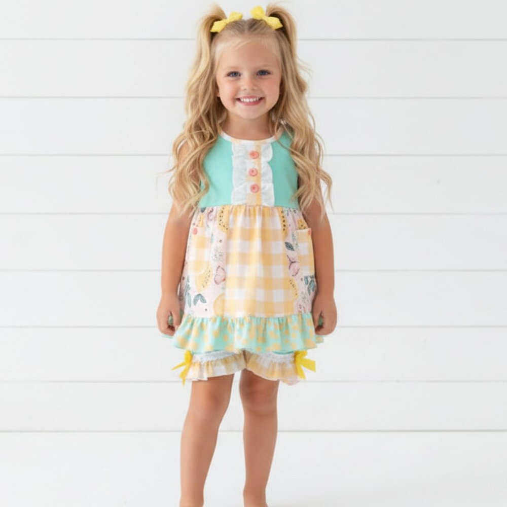 Aqua Blue & Yellow Floral & Check Boutique Ruffle Short Set, Spring, Girl